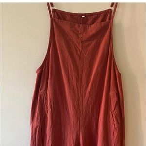 Cotton/linen burnt orange wide leg overalls.